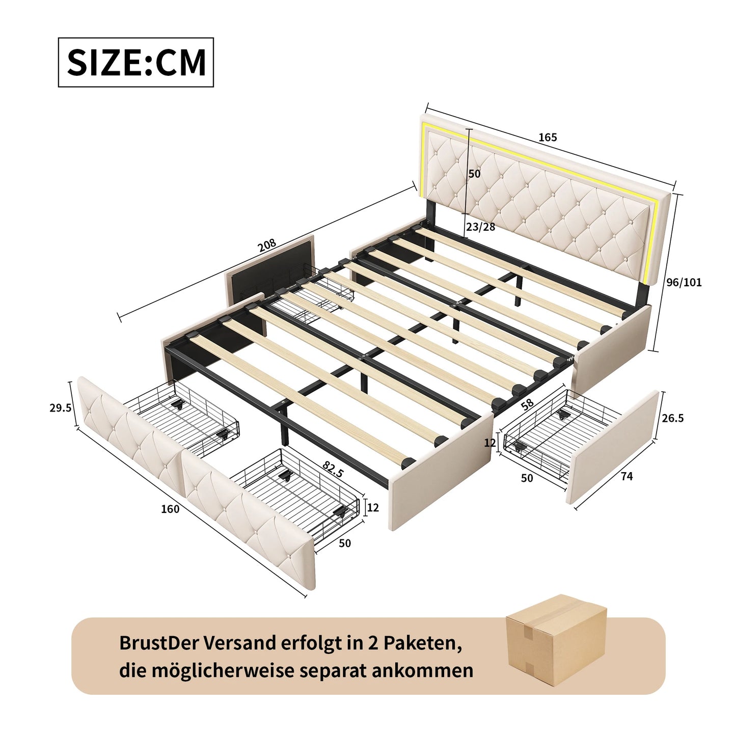 Gestoffeerd Tweepersoonsbed 140x200 cm – Opbergbed – Bedframe – Ladebed – Metalen Frame – Hydraulische Opberglade – Stevig Metalen Frame – PU-leer Bekleding