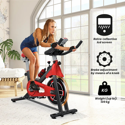 Fitness Fiets - Hometrainer - Indoor Cycle - met LCD Monitor - Stille Stationaire - Cardio - Weerstandssysteem Magnetisch - Transportwielen - Hartslagfunctie - voor Gewichtsverlies - 120kg - Rood-zwart