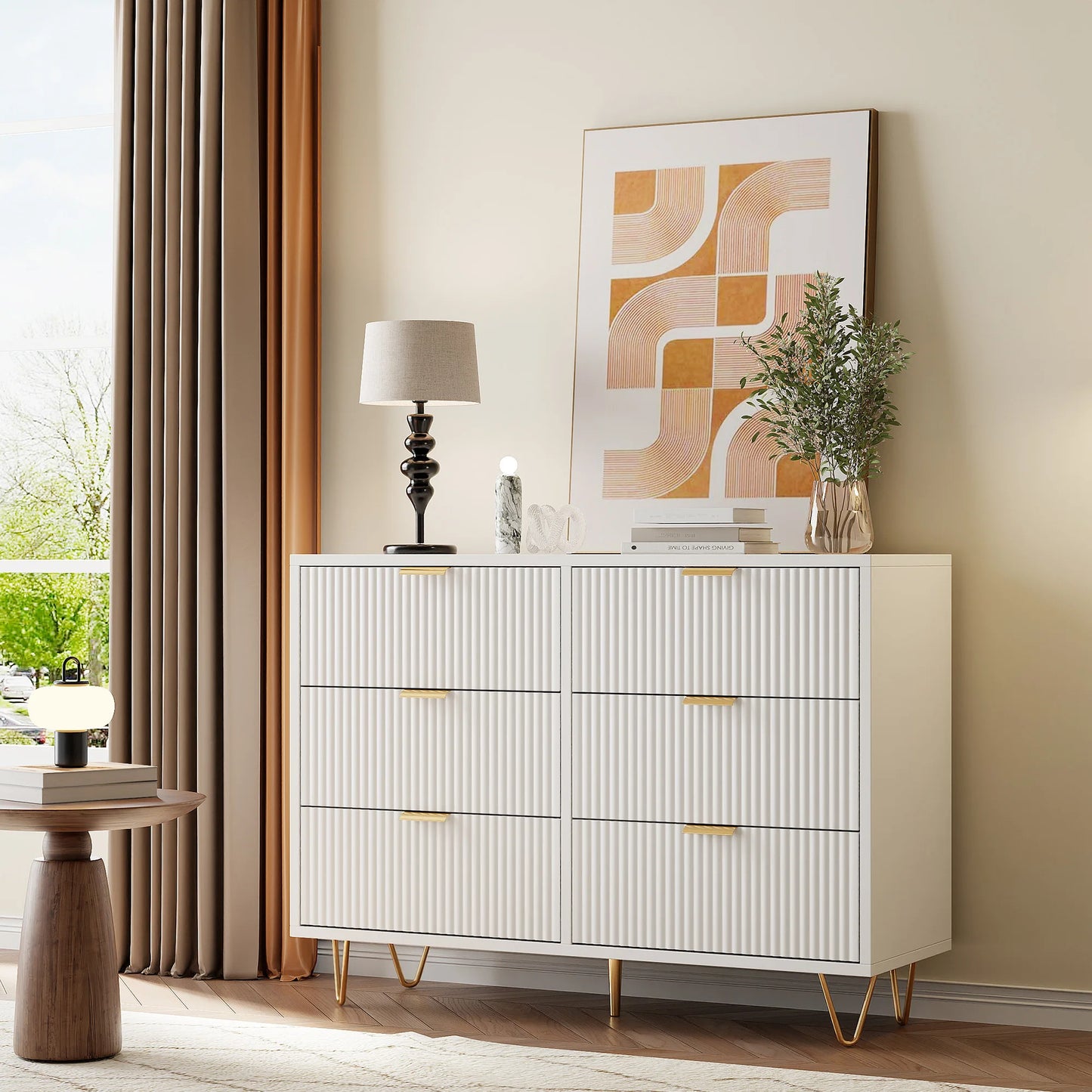 Ladenkast – Dressoir – Opbergkast – Kast – Commode – Wit – 6 Lades – Duurzaam Hout – Met Goudkleurige Handgrepen
