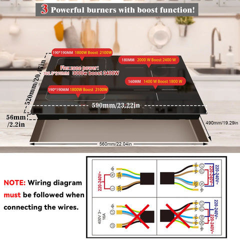 Inductie kookplaat - Induction Hob - Induction Cook Top - Inductie Fornuis - Elektrische Brander - 4-pits - Inductiekookplaat - Inductiekookplaat met Flexzone - Schuifregelaar - Timer - Boostfunctie - 7200W - Zwart