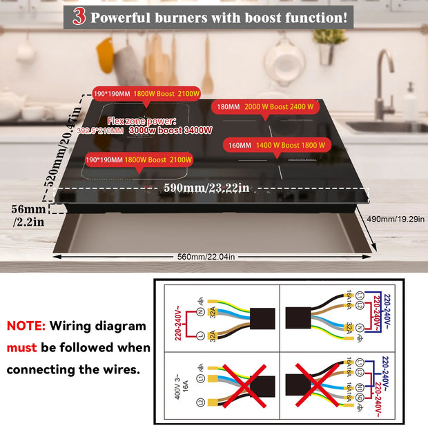 Inductie kookplaat - Induction Hob - Induction Cook Top - Inductie Fornuis - Elektrische Brander - 4-pits - Inductiekookplaat - Inductiekookplaat met Flexzone - Schuifregelaar - Timer - Boostfunctie - 7200W - Zwart