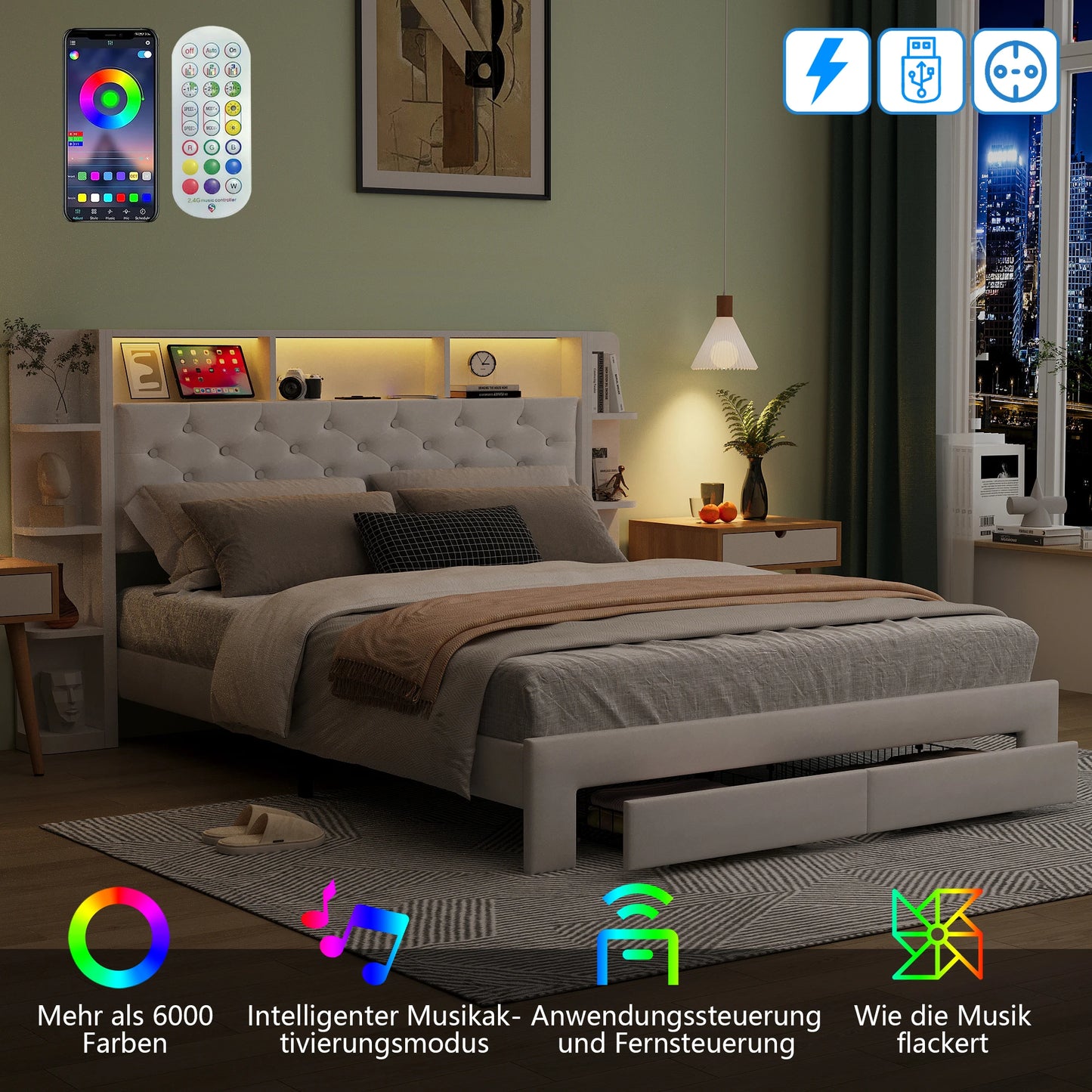 Bedbank – Slaapbank – Logeerbed – Tweepersoonsbed – Opbergbed – 140x200 cm – Gestoffeerd Met USB Oplaadpoort En Instelbare LED-Verlichting