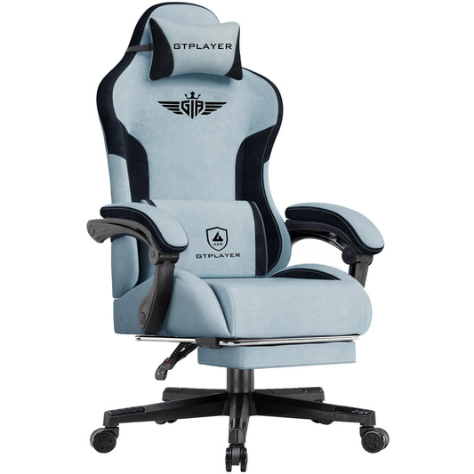 Gamingstoel – Gamestoel – Gaming Chair – Game Stoel – Bureaustoel – Ergonomisch Ontwerp – Ademend Lichtblauw Stof – Verstelbare Rugleuning Tot 165° – Uitklapbare Voetensteun