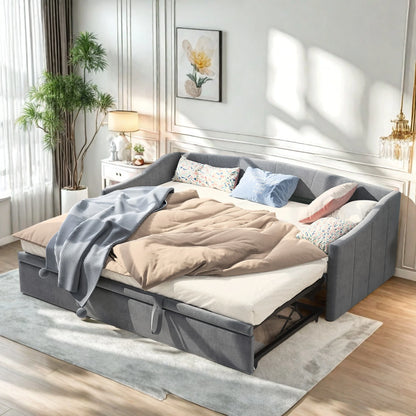 Slaapbank – Bedbank – Uitklapbare Bank – Slaapbank Zonder Matras – Grijs – Velvetstof – Compact 90x200 cm – Uitklapbaar Tot 180x200 cm