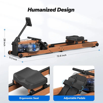 Water Roeimachine - Roeimachine - Magnetische Roeitrainer - Roeiapparaat - Opvouwbare - met Bluetooth Monitor - Houten Frame - Ergonomisch Zitvlak - Max 181kg - 15L Watertank - Voor Thuisgebruik - Zwart - QUORE
