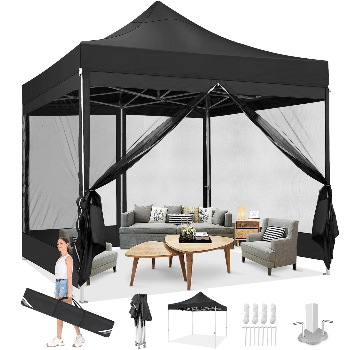 Opvouwbaar Tuinhuisje – Pop-Up Tent – Overkapping – Insectenbescherming – Waterdicht Oxford – Drie Verstelbare Hoogtes - Zwart - QUORE