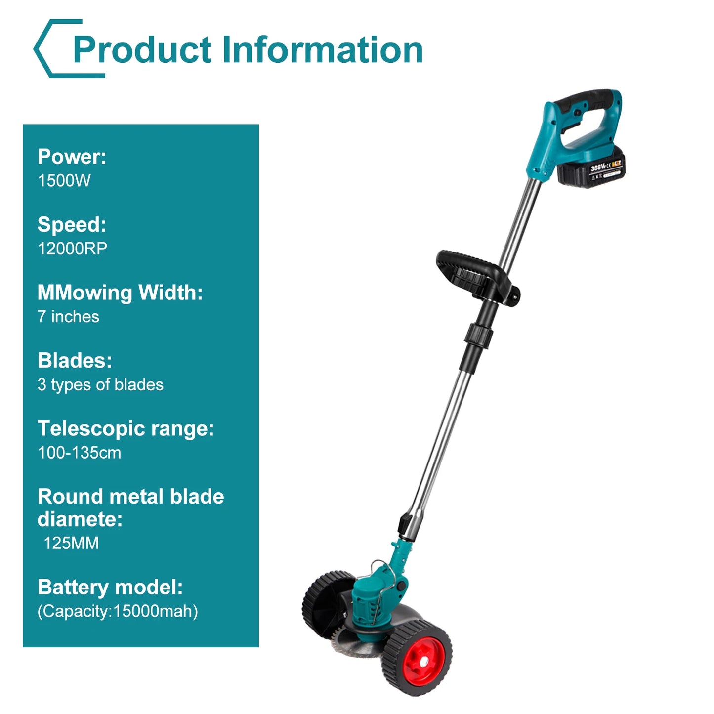 Accu Grastrimmer - Grasmaaier - Bosmaaier - Opvouwbaar - Verstelbaar - met Wielen - Maaiaccessoires - 2x Batterij - 1500W - 12000 RPM - 3 Soorten Messen - 125mm Snijbreedte - 15000mAh - Turkoois