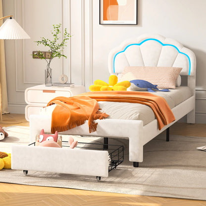 Kinderbed – Eenpersoonsbed – Bed Voor Kinderen – Slaapbed – Kinderbed Met LED-Verlichting – Kroonvormig Hoofdbord – PU Kunstleer – Verstelbare Hoogte – 90x200 cm – Waterafstotend & Eenvoudig Te Reinigen