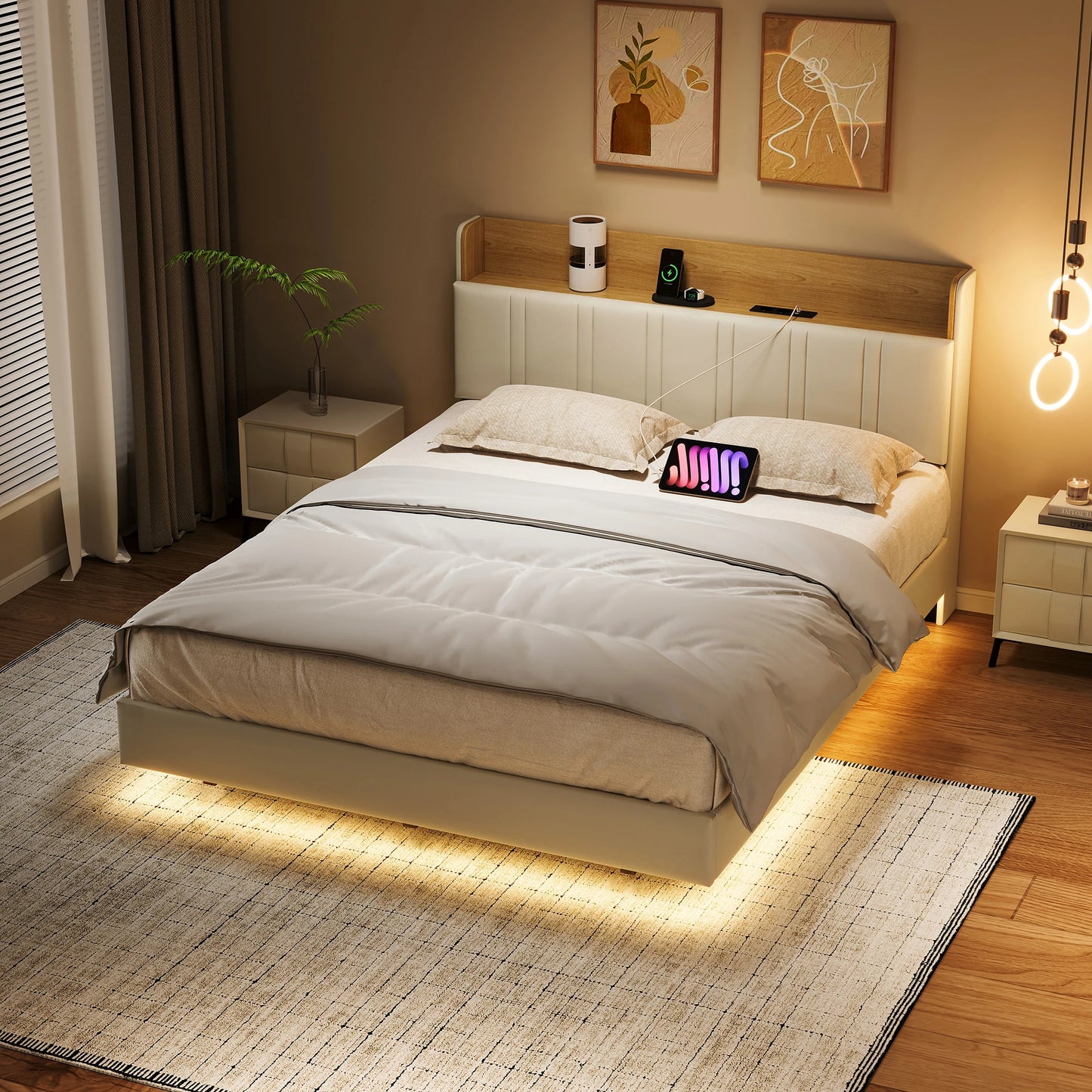 Bedframe 140x190 cm – Zwevend Bed – Led Verlichting Bed – Double Bed – Stalen Bedframe – Met Usb Oplaadpunt – Modern Zwevend Design – RGB Led Sfeerlicht