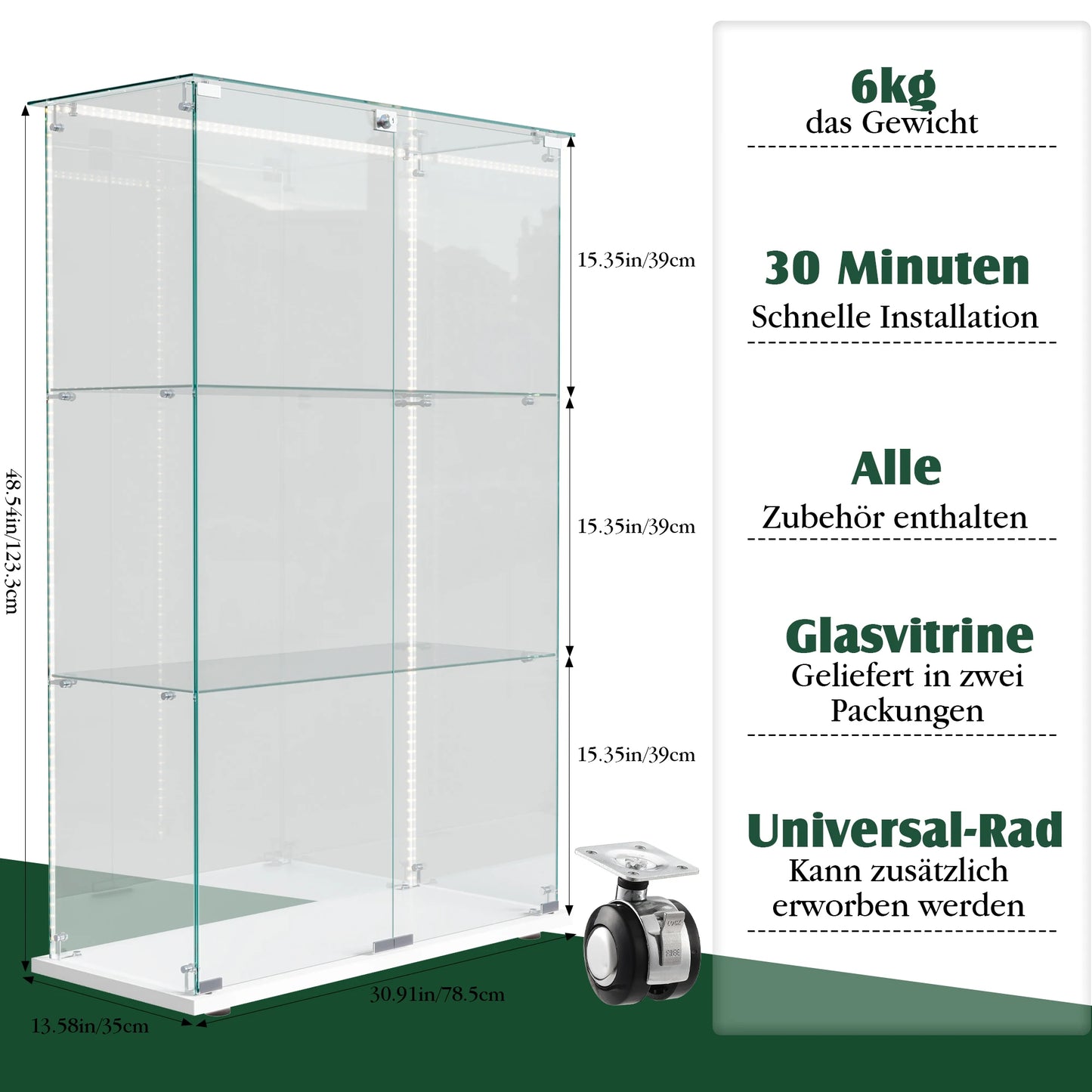 Vitrinekast – Glasvitrine – Displaykast – Showkast – Opbergkast – 360 Graden Zichtbaarheid – Ingebouwde LED-Verlichting – Wit – 3 Planken – Dubbele Deuren