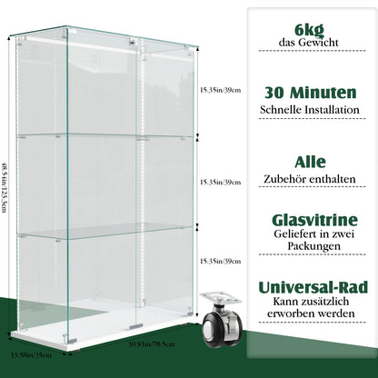 Vitrinekast – Glasvitrine – Displaykast – Showkast – Opbergkast – 360 Graden Zichtbaarheid – Ingebouwde LED-Verlichting – Wit – 3 Planken – Dubbele Deuren