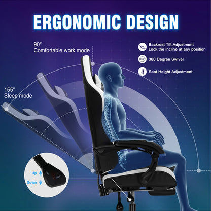 Ergonomische Gaming- & Bureaustoel – Game Stoel – Bureaustoel – Werkstoel – Relaxstoel – Verstelbare Rugleuning – Uittrekbare Voetensteun - Wit - QUORE