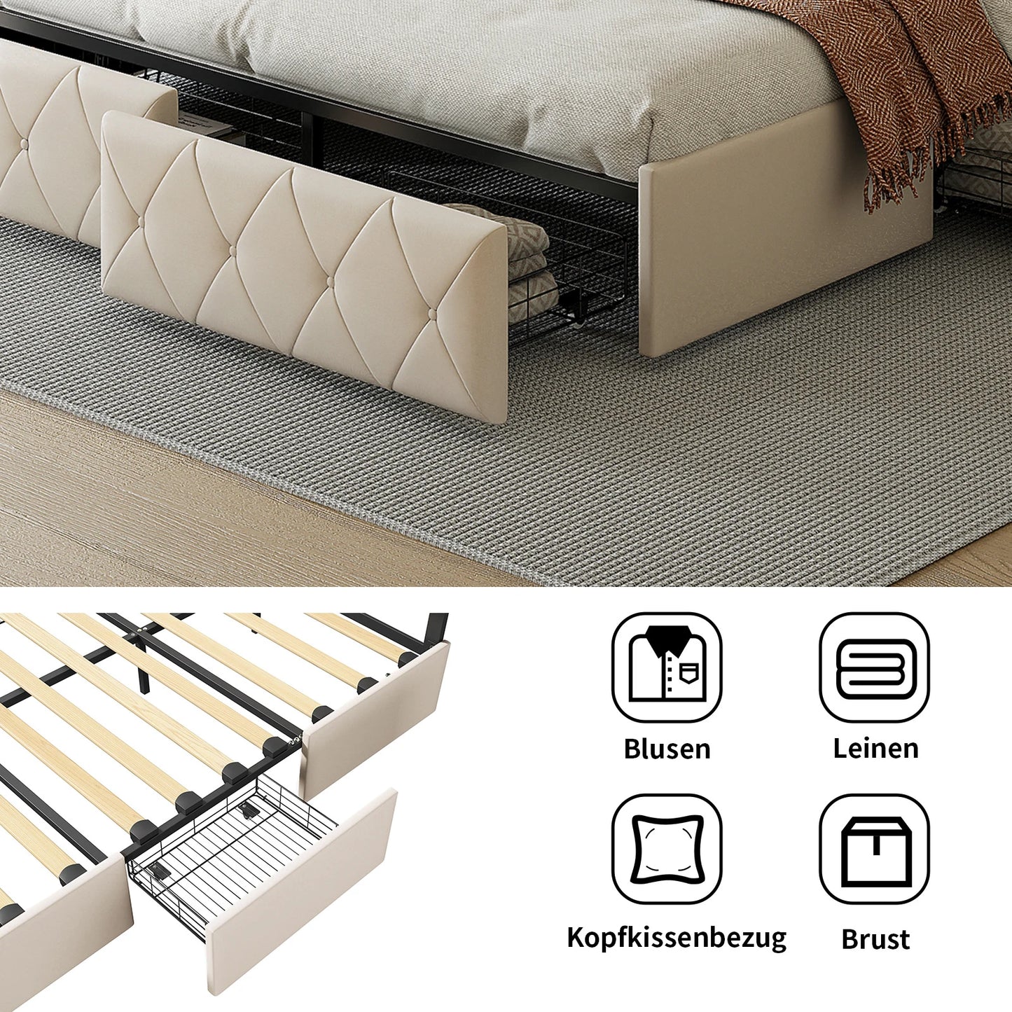 Bed – Bedframe – Slaapbed – Opbergbed – Kunstleerbed – Beige – 160x200 cm – Met 4 Opberglades – Stevig Metalen Frame