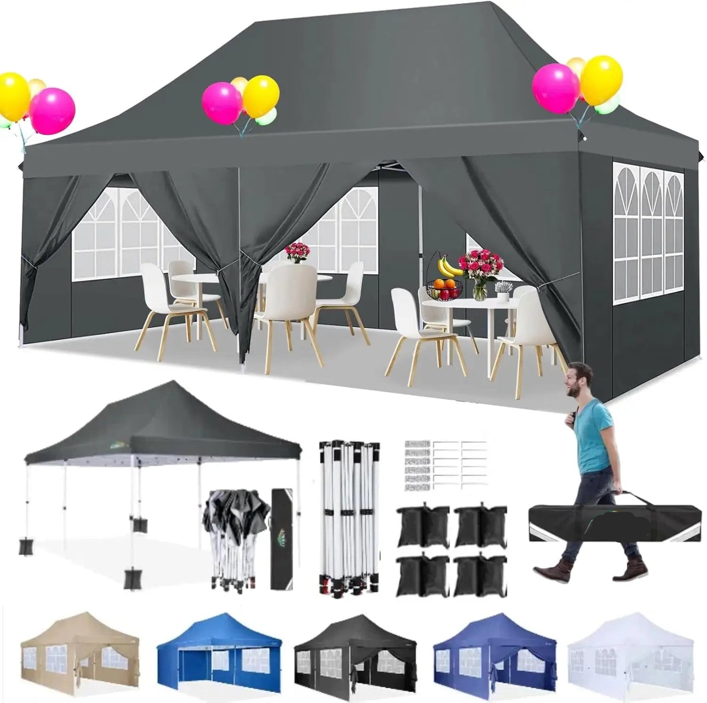 Partytent – Tuinpaviljoen – Feesttent – Inklapbare Tent – Waterdicht Oxford Doek – 3 X 6 Meter – 6 Afneembare Zijwanden - Grijs