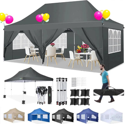 Partytent – Tuinpaviljoen – Feesttent – Inklapbare Tent – Waterdicht Oxford Doek – 3 X 6 Meter – 6 Afneembare Zijwanden - Grijs