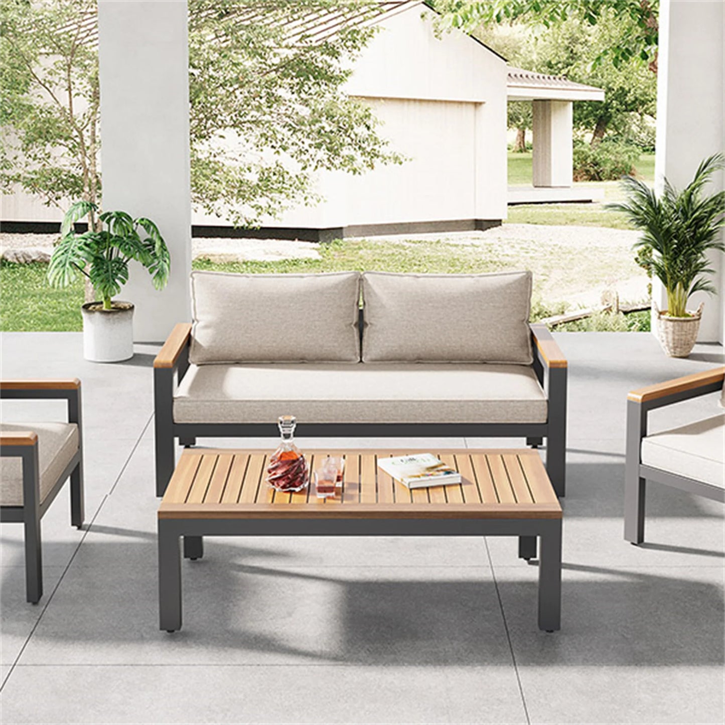 Tuinset – Loungeset – Balkonset – Buitenmeubelen – 4-Delige Set – Metalen Frame – Acaciahouten Details