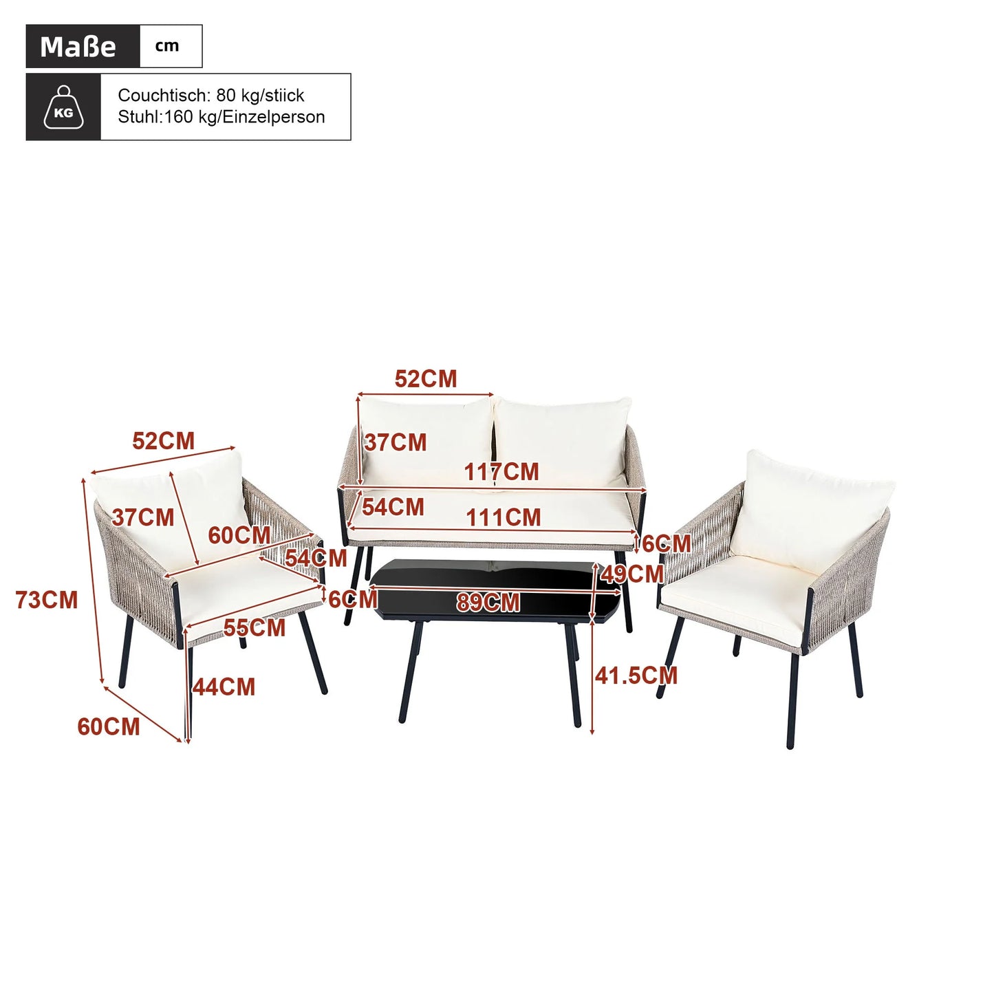 Tuinmeubelset – Loungeset – Tuinbank – Loungestoelen – Salontafel – Gegalvaniseerd Stalen Frame – Weerbestendig Touw - Beige