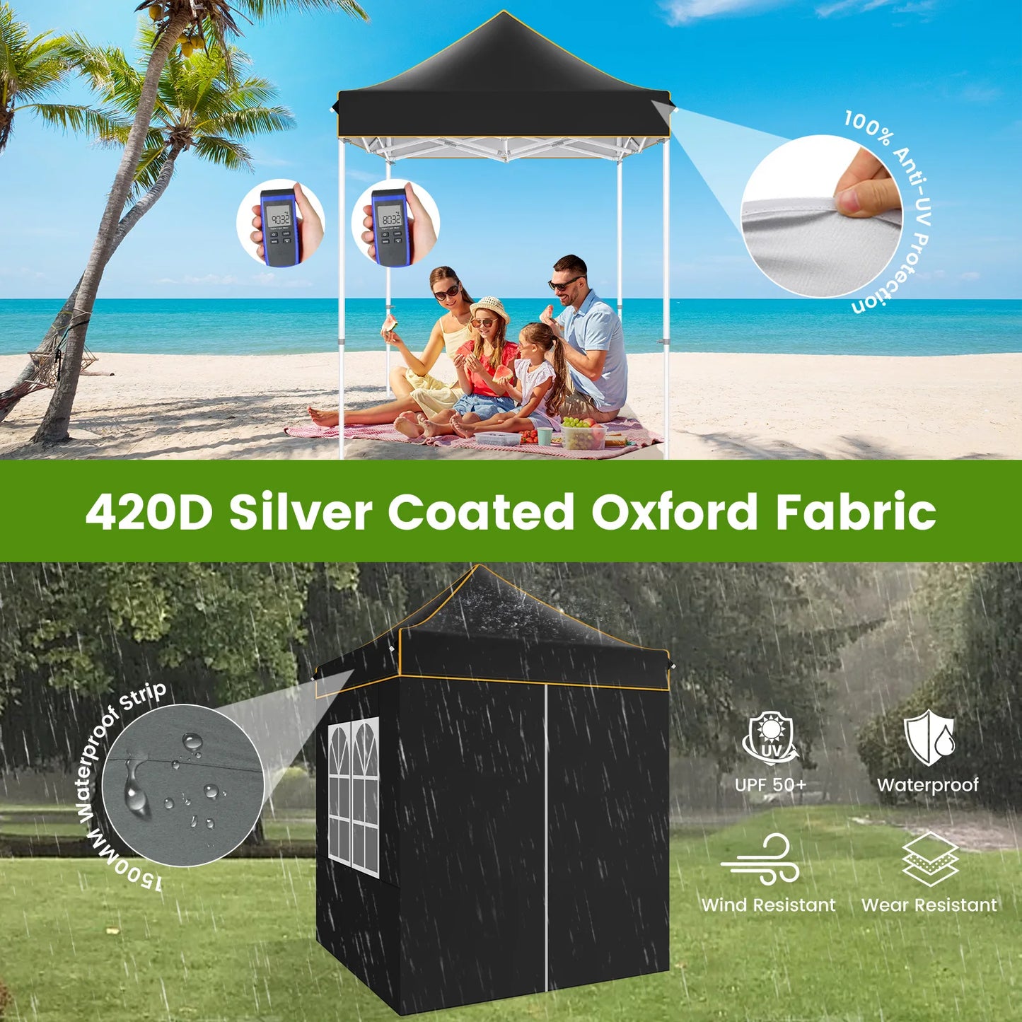Partytent –  Pop-Up Luifel – Zonnescherm – Overkapping – Tuinpaviljoen – Waterdicht Oxford Doek – Verstelbare Hoogte - 2 x 2 Meter - Zwart