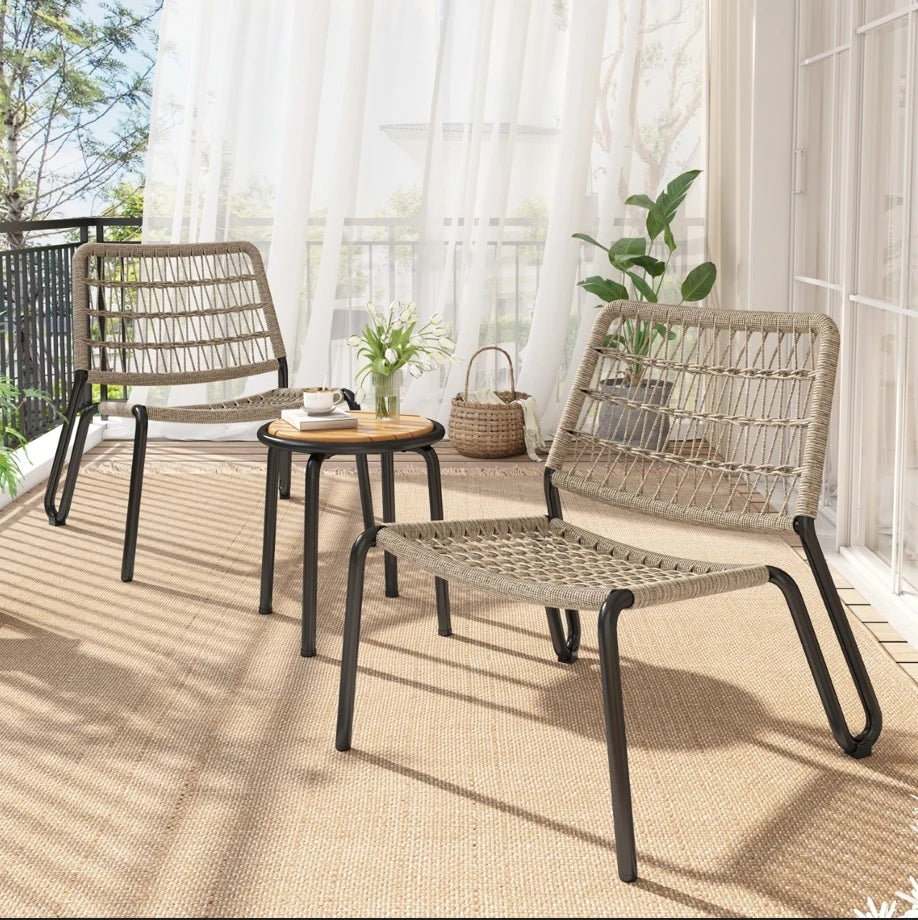 MERAX Bistro Set 3-TLG. -Galvanized steel balcony furniture & hand-braided rope, solid wood table, chairs 160 kg load capacity