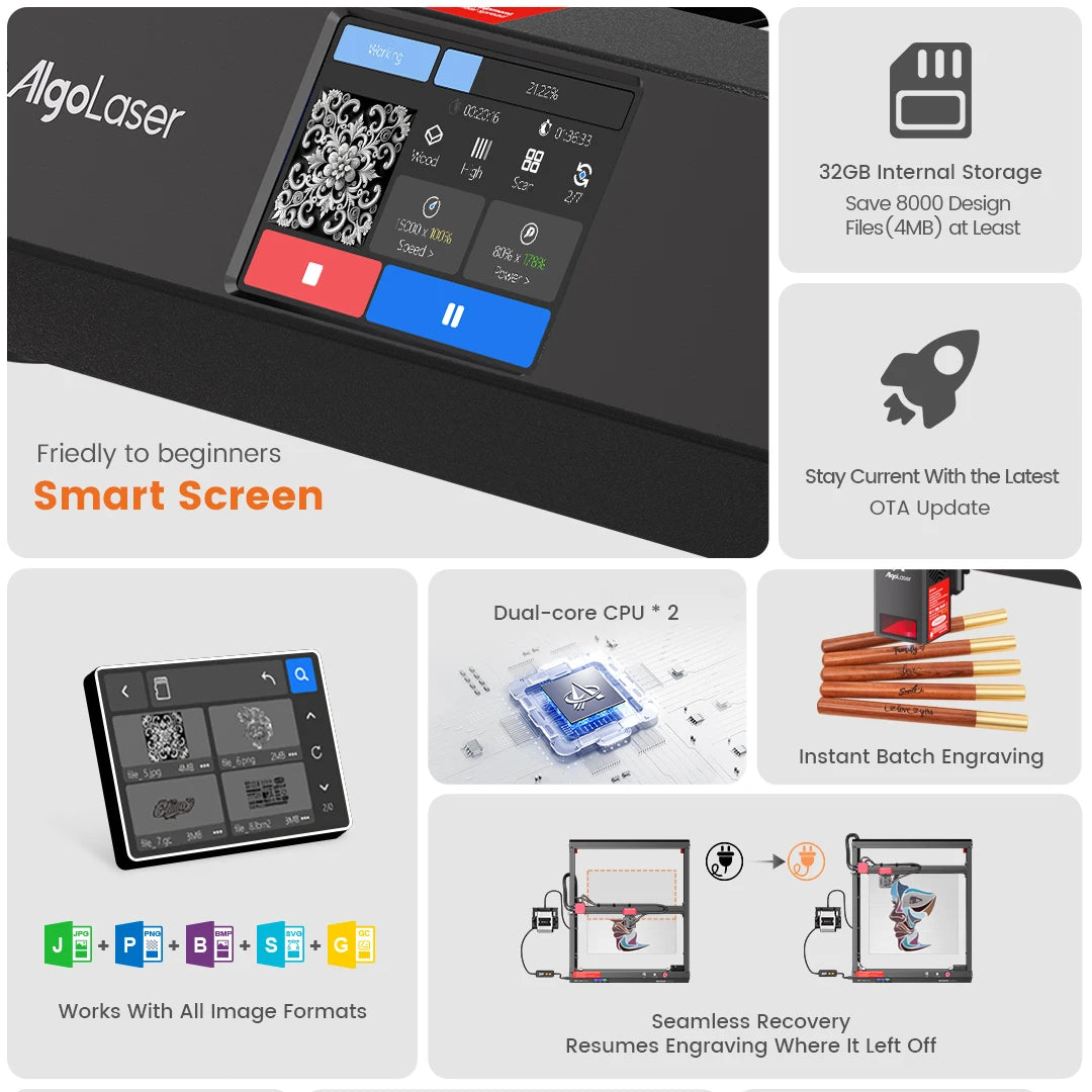 AlgoLaser Alpha MK2 Laser Engraver 20W Output Power 3.5” Color Touch Screen App Offline Control DIY Engraver Tool for Metal MDF