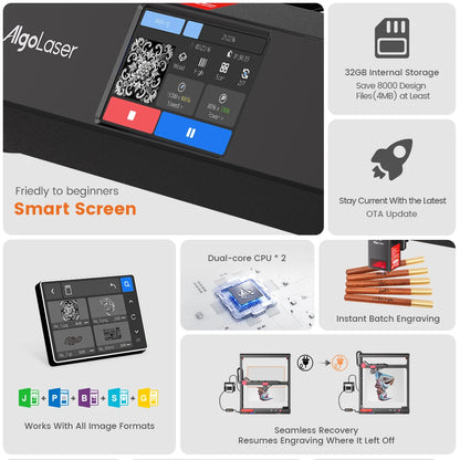 AlgoLaser Alpha MK2 Laser Engraver 20W Output Power 3.5” Color Touch Screen App Offline Control DIY Engraver Tool for Metal MDF