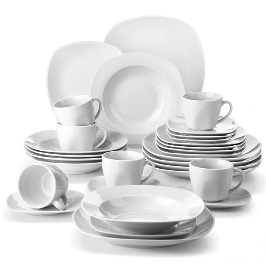 Servies - Servies set - 30-Delig - Porselein Serviesset – Luxe Keramiek Diner Set – Servies voor 6 Personen – Vaatwasser & Magnetronbestendig - Wit - QUORE