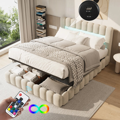 Gestoffeerd Tweepersoonsbed – Slaapbank – Bedframe – Verstelbaar Bed – Linnen Bed – 140x200 cm – LED Hoofdbord – USB Oplaadpunt
