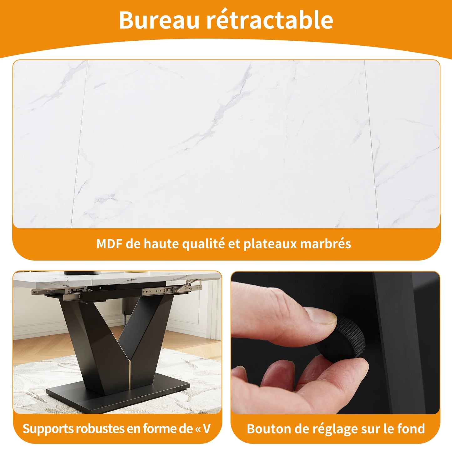Uitschuifbare Eettafel – Verstelbare Tafel – Uitklapbare Tafel – Telescopische Eettafel – MDF Marmer Print – V-Vormige Poten – Draagvermogen 60 Kg - Olijf