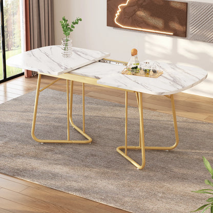 Eettafel – Uitbreidbare Tafel – Uitschuifbare Eettafel – Moderne Tafel – MDF Tafelblad – Marmerlook – Gouden Metalen Poten - 120-180 x 80 x 75 cm - Wit
