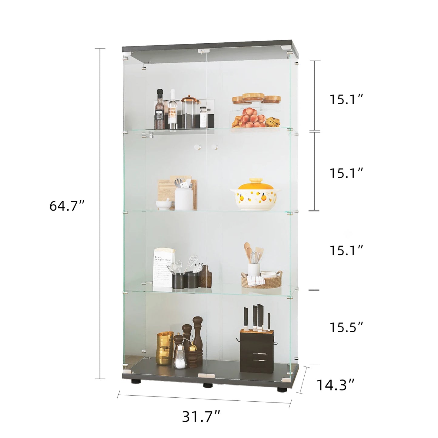 Vitrinekast – Glasvitrine – Displaykast – Opbergkast – Kast Met Dubbele Deuren – Zwart – Minimalistisch Design – 4 Legplanken – Eenvoudige Montage