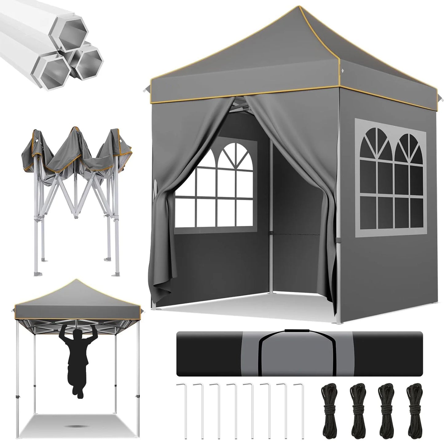 Partytent –  Pop-Up Luifel – Zonnescherm – Overkapping – Tuinpaviljoen – Waterdicht Oxford Doek – Verstelbare Hoogte - 2 x 2 Meter - Grijs