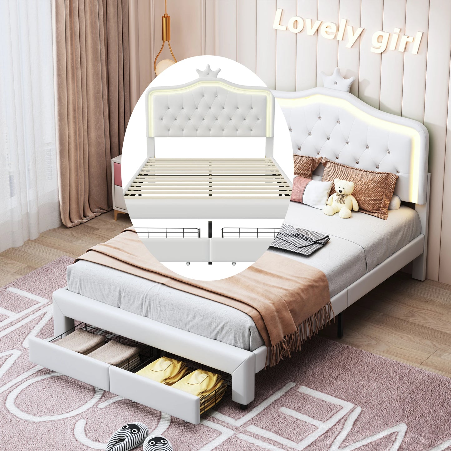 Kinderbed – Peuterbed – Eenpersoonsbed – Meisjesbed – Prinsessenbed – 140x200 cm – Met Kroonvormige Hoofdsteun – Inclusief Opberglades - QUORE
