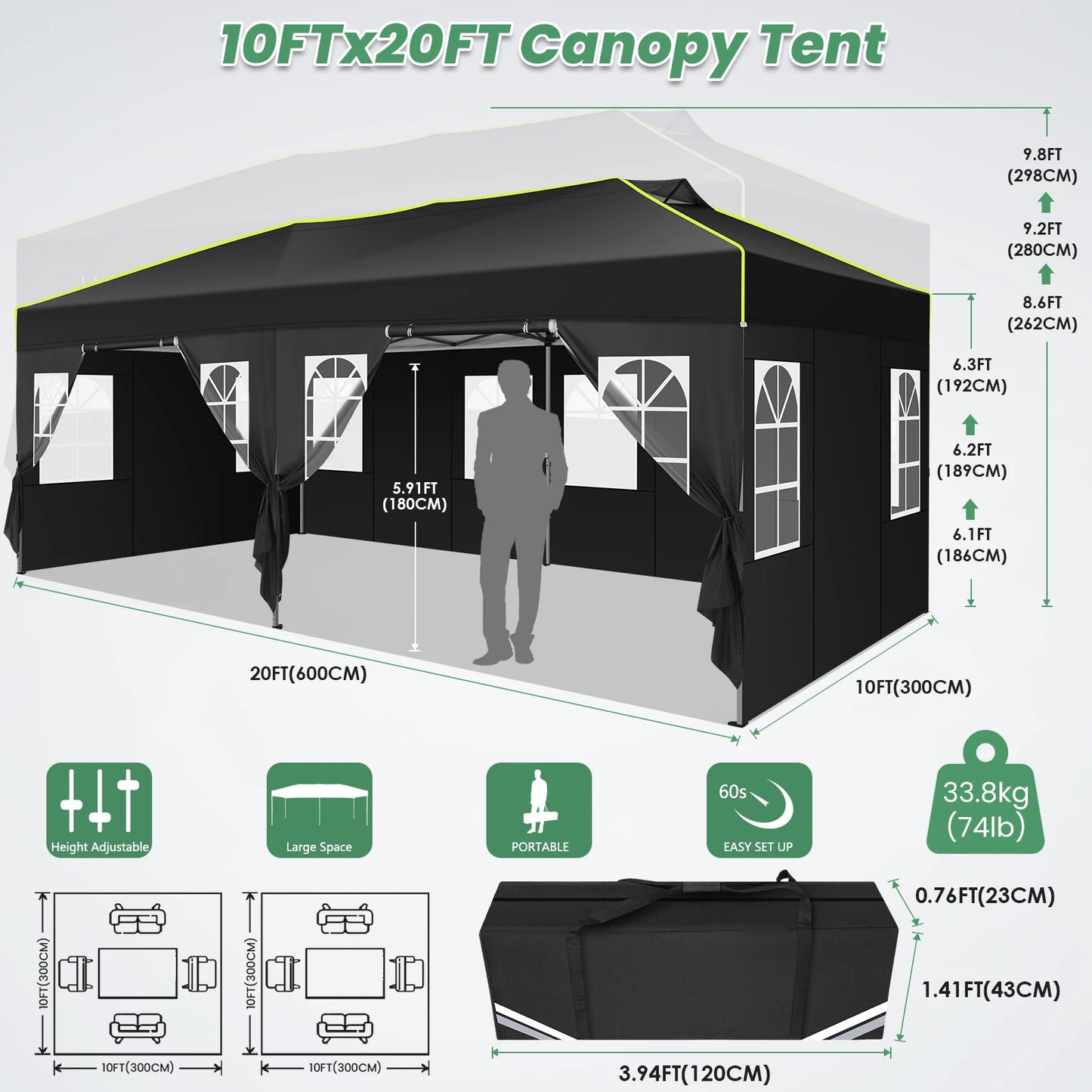 Pop-Up Tent – Partytent – Tuin Tent – Markt Tent – Waterdicht 210D Oxford Polyester – Verstelbare Hoogte – UPF 50+ Zonbescherming - Wit - QUORE