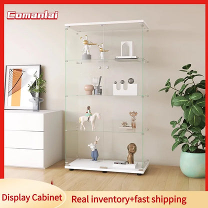 Comanlai Glass Display Cabinet with 4 Shelves, 2 Doors,with Lock,Collection Glass Display Case,for Living Room,White/Black