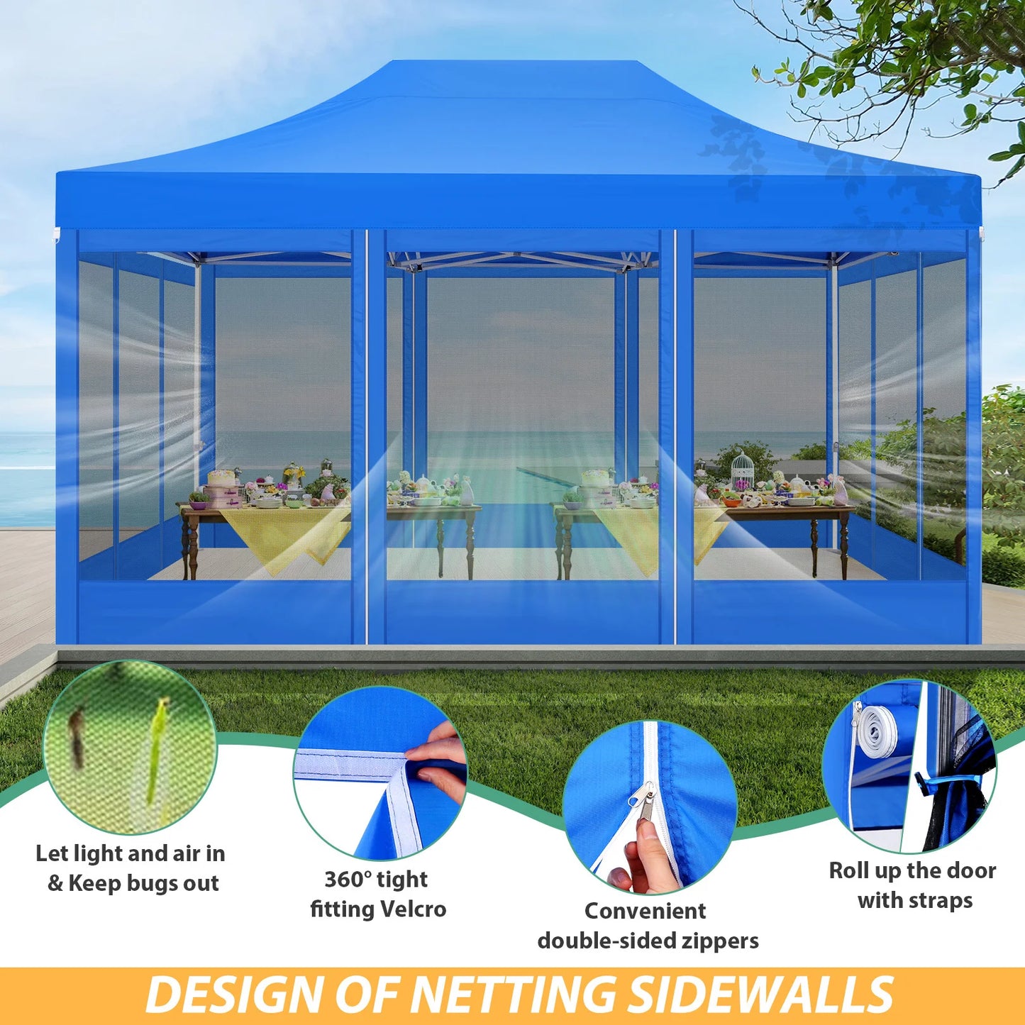 Tuinpaviljoen – Tuinhuisje – Pop-Up Tent – Buitenverblijf – Luifel – Waterdicht Frame – Verstelbare Hoogte - Blauw