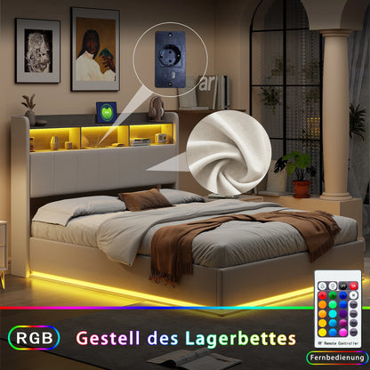 Boxspring 160x200 cm – Tweepersoonsbed – Gestoffeerd Bed – Ledverlichting Bed – Opbergladen Bed – Metalen Frame – Velvet Bekleding – Stevig Met Centraal Versteviging