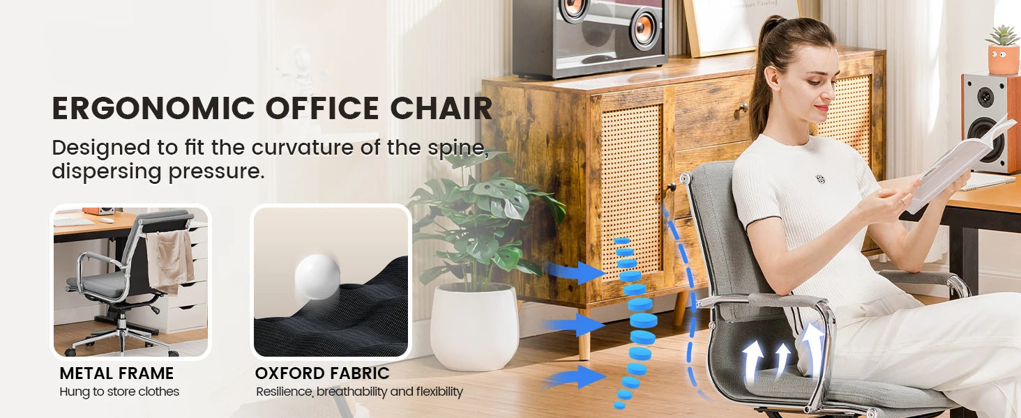 Bureaustoel – Ergonomische Bureaustoel – Werkstoel – Kantoorstoel – Stoel Met Ademend Textiel – In Hoogte Verstelbaar – Schommelbaar Tot 130° - 49 x 49 x 105 cm - Grijs - QUORE