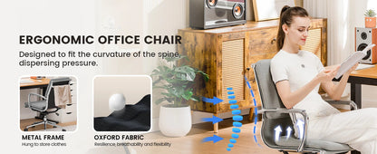Bureaustoel – Ergonomische Bureaustoel – Werkstoel – Kantoorstoel – Stoel Met Ademend Textiel – In Hoogte Verstelbaar – Schommelbaar Tot 130° - 49 x 49 x 105 cm - Grijs - QUORE