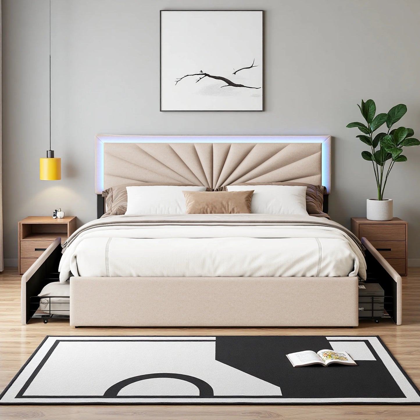 Beige Linnen Bed – Tweepersoonsbed – Opbergbed – Bedframe – Slaapkamerbed – 160x200 cm – Verstelbare Hoofdsteun – RGB LED-verlichting