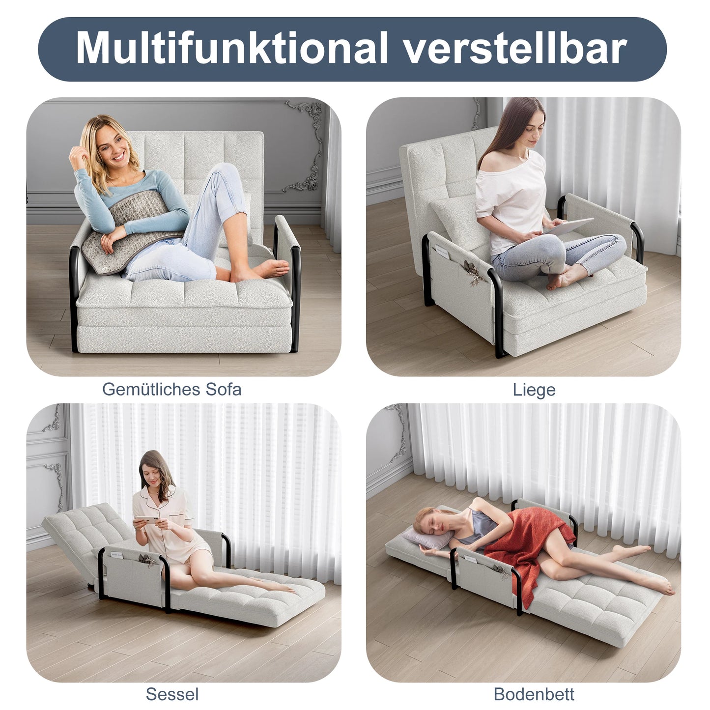 Zitzakbed – Zitzakstoel – Vloerbed – Slaapbank – Bank – Opvouwbaar – Verstelbare Rugleuning – Zijzakken – Beige