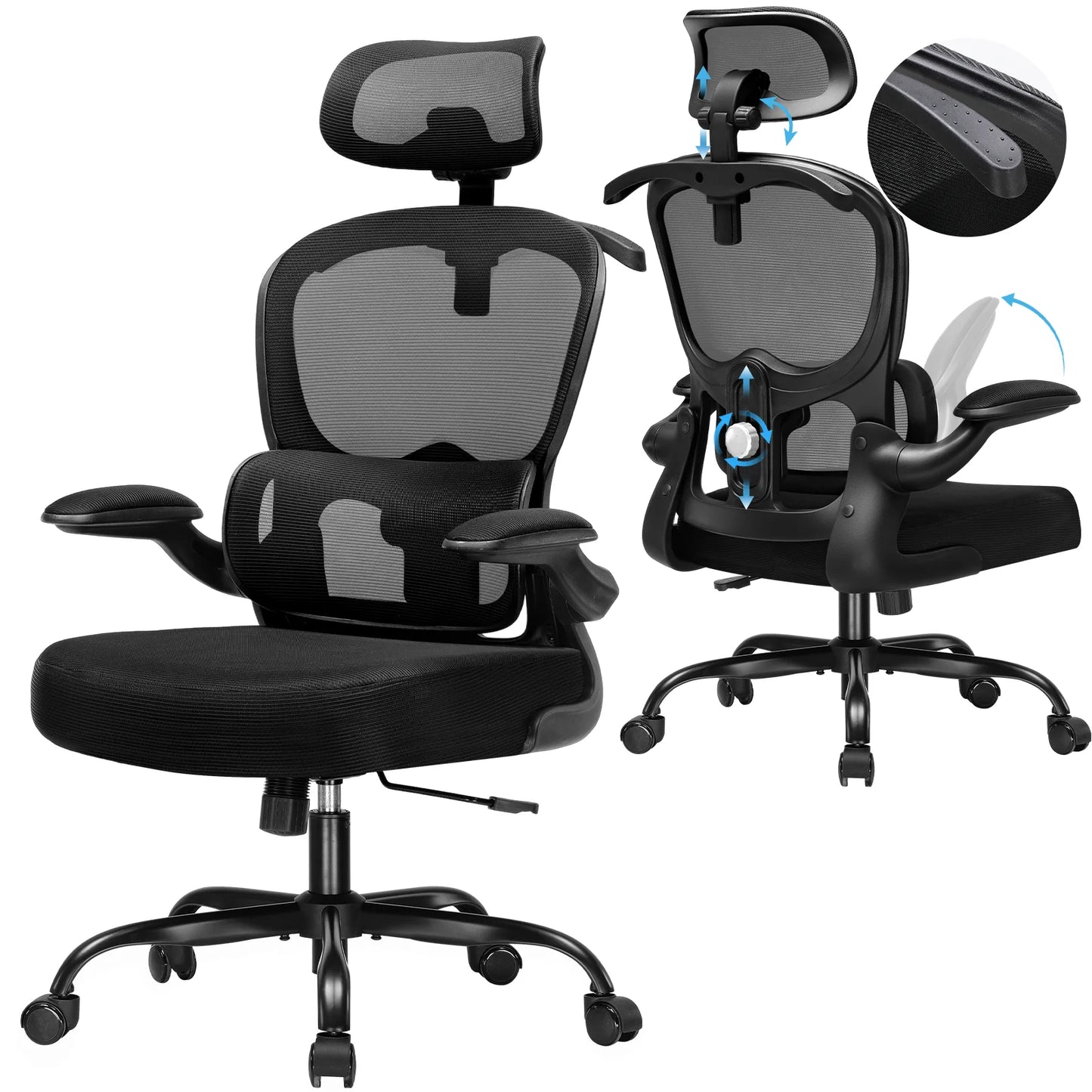 Bureaustoel – Ergonomische Stoel – Office Chair – Computerstoel – Bureaustoelen – Verstelbare 3D Hoofdsteun – Inklapbare Armleuningen Met Jas- en Tassenhaak