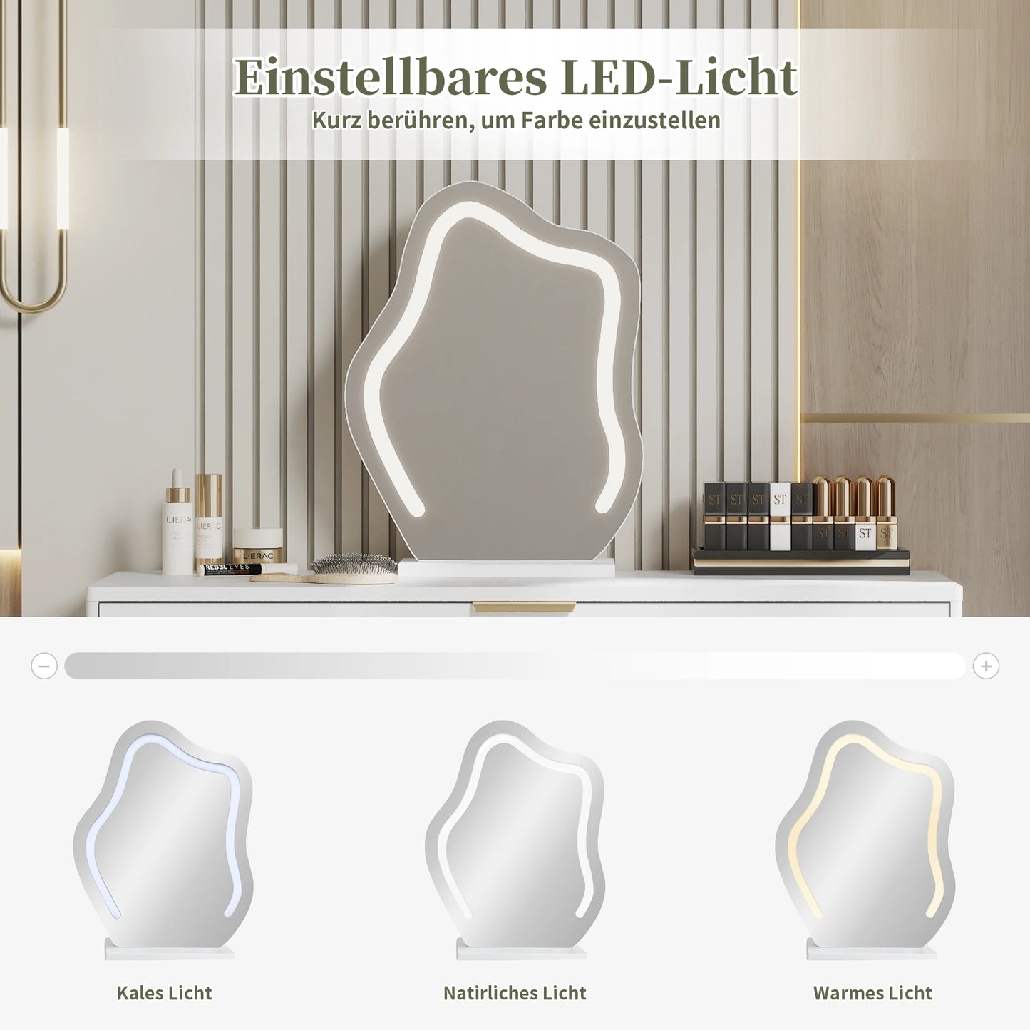 Make-uptafel – Kaptafel – Kosmetische tafel – Make-up dressing – Witte dressing table – LED-spiegel met 3 lichtstanden – Grote lades en flexibel ontwerp