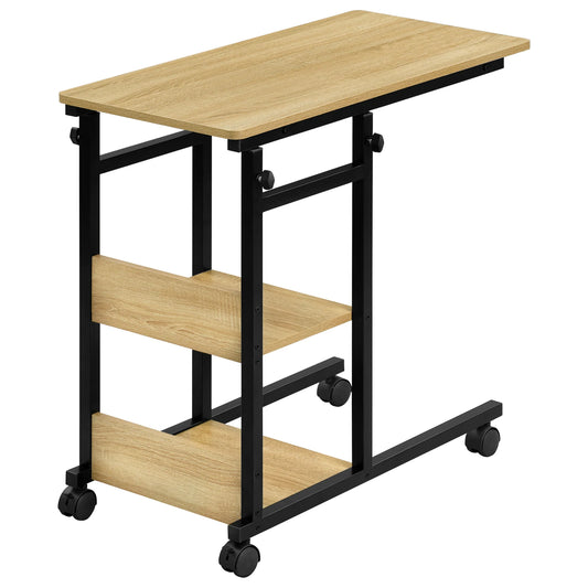 C Vormige Bijzettafel - Koffietafel - Laptoptafel - Verstelbare Hoogte - Wielen - Opbergvakken - Afgeronde Hoeken - Licht Eiken