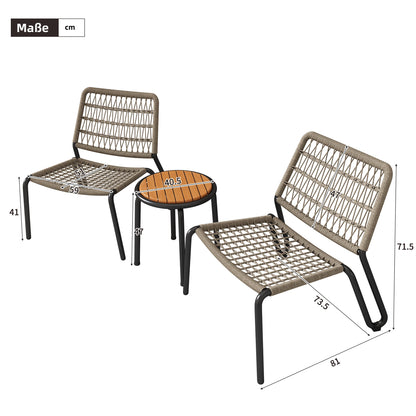 MERAX Bistro Set 3-TLG. -Galvanized steel balcony furniture & hand-braided rope, solid wood table, chairs 160 kg load capacity