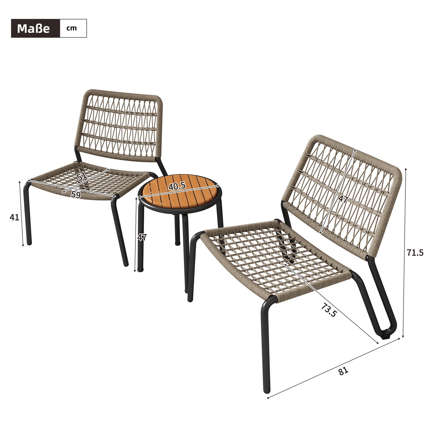 MERAX Bistro Set 3-TLG. -Galvanized steel balcony furniture & hand-braided rope, solid wood table, chairs 160 kg load capacity
