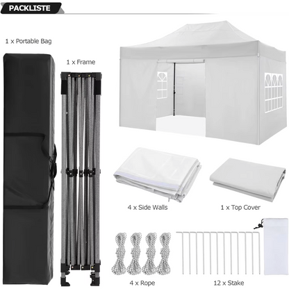 Paviljoen - Tuinpaviljoen - Partytent - Tuintent - Pop-up Kliksysteem - Stabiel - Vouwtent - met 4 Zijwanden - Opvouwbaar - Waterdicht - Winterbestendig - 50+UV-Bescherming - voor Tuin - Buiten - Achtertuin - 3 x 4.5 m - Wit - QUORE