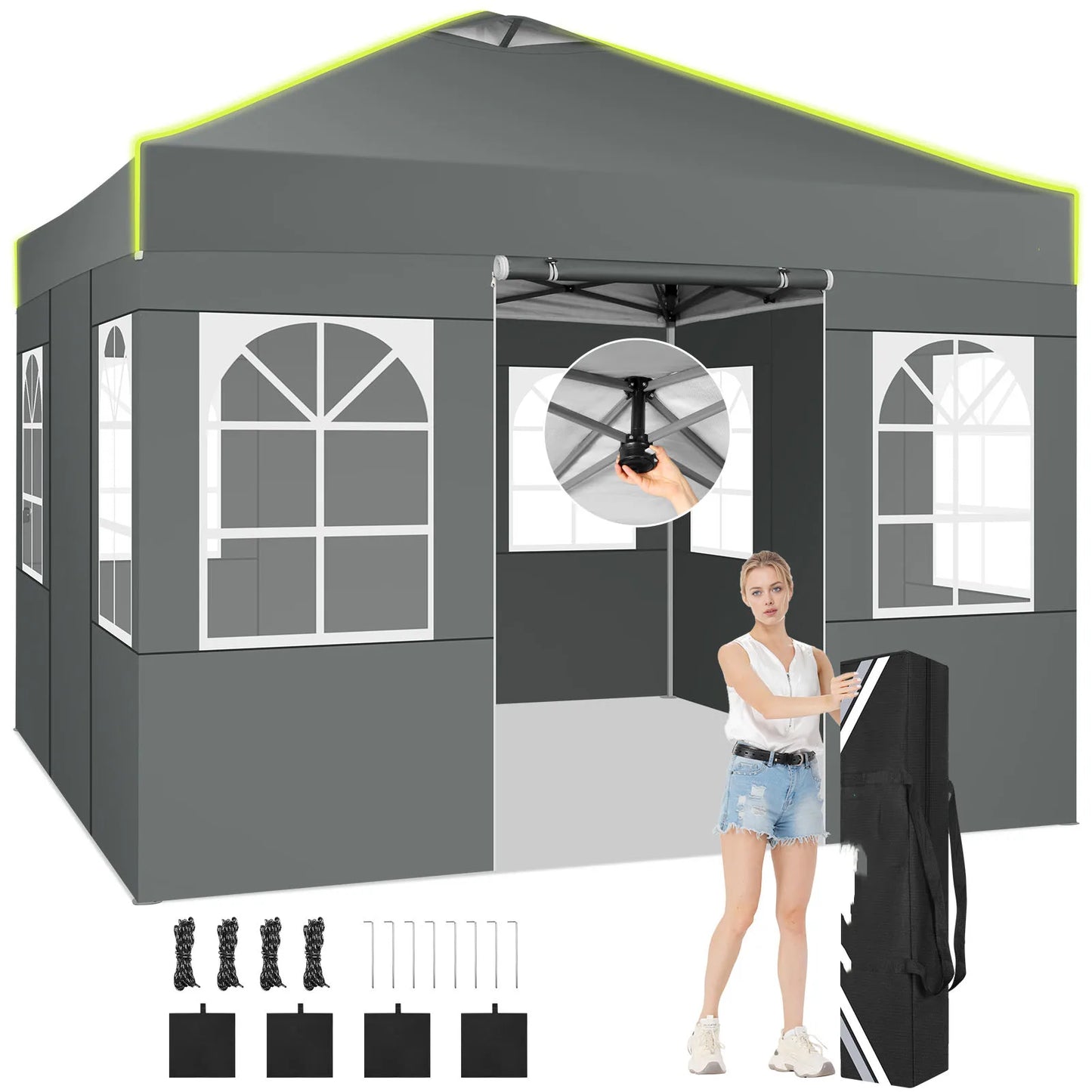 Partytent – Opzetbare Tent – Vouwtent – 3x3 Meter Partytent – Waterbestendig Oxford Doek – Verstelbare Hoogte-  Grijs - QUORE