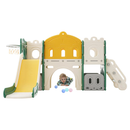 6 in 1 - Glijbaan - Kinderspeeltuin - Kinderglijbaan - Klimspeelgoed - Basketbalkraam - voor Kinderen - van 1-6 jaar - Veilige Trap - Speelplezier Gegarandeerd - voor Binnen - Buiten - Tuin - 190 x 151 x 106 cm - Geelachtig Groen