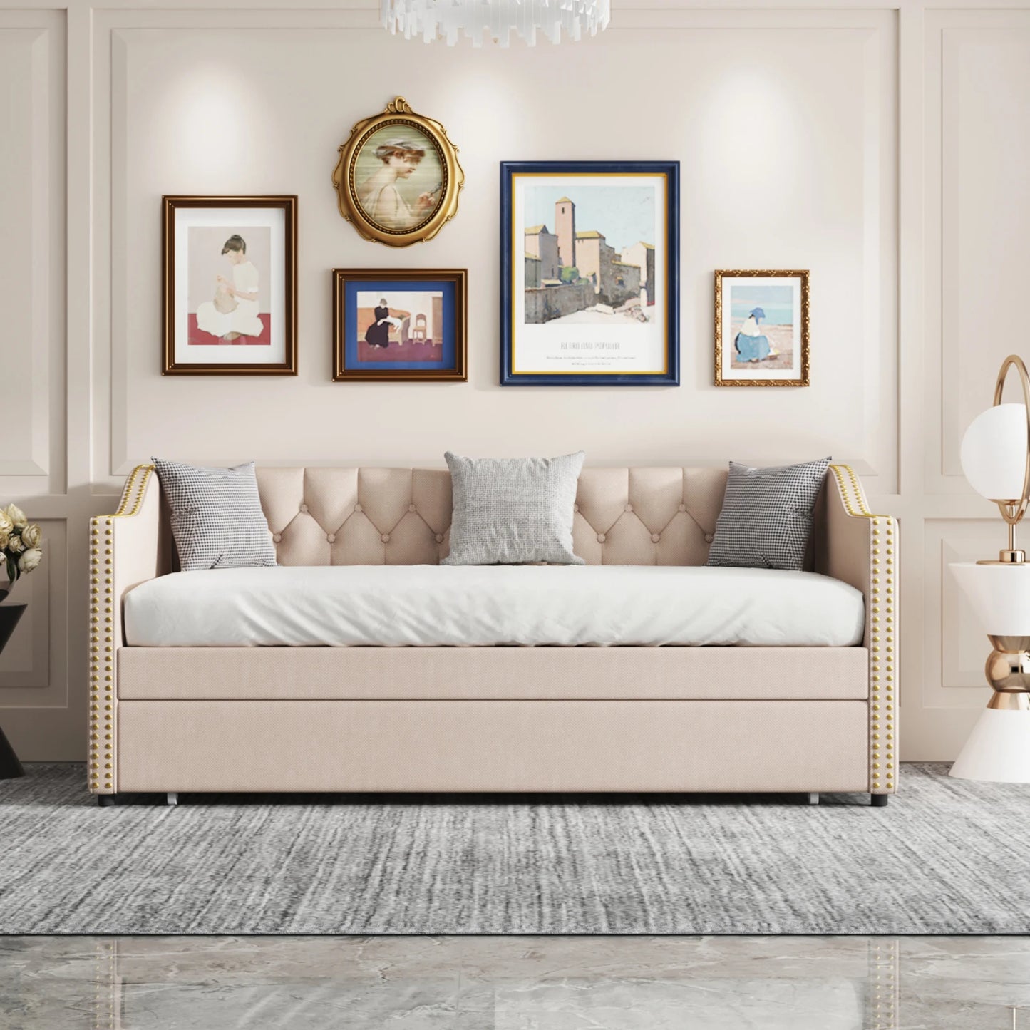 Slaapbankbed – Bedbank – Uitschuifbed – Sofa Bed – Logeerbed – Beige – Duurzame Linnen Bekleding – Stevige MDF Constructie met Lattenbodem 90x200 cm