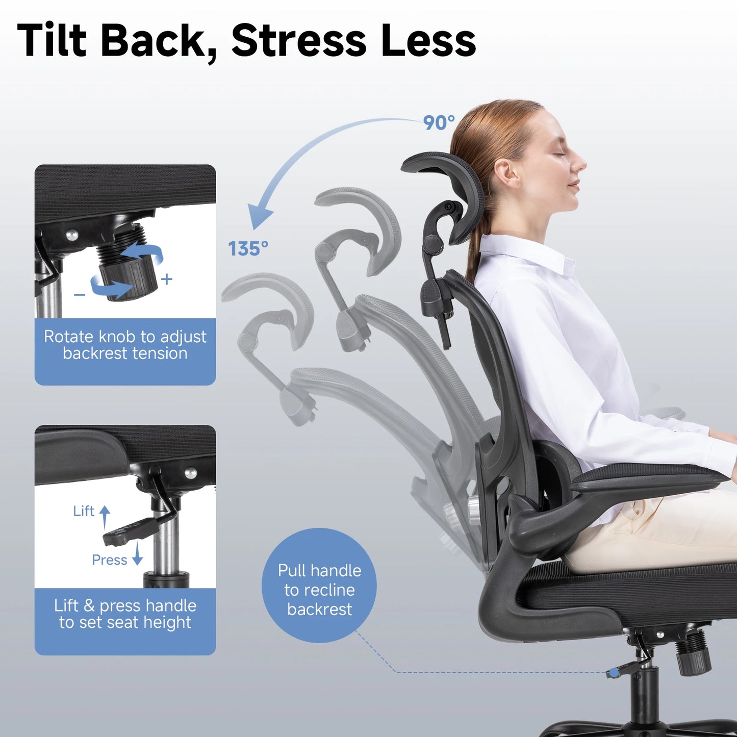 Bureaustoel – Ergonomische Stoel – Office Chair – Computerstoel – Bureaustoelen – Verstelbare 3D Hoofdsteun – Inklapbare Armleuningen Met Jas- en Tassenhaak